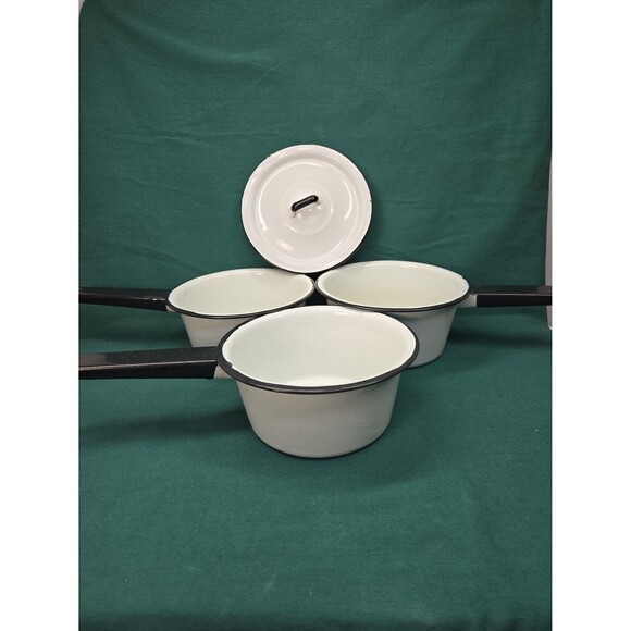 Vintage Enamelware White & Black Enamel 6" Pots Set of 3 with 1 Lid Sauce Soup - Picture 3 of 12